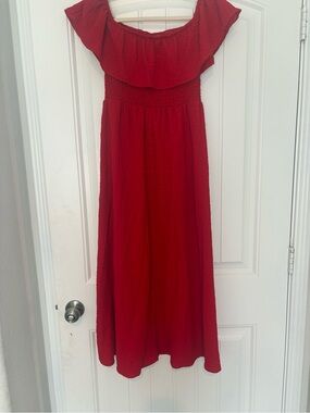 SHEIN Red Off-Shoulder Ruffle Maxi Dress